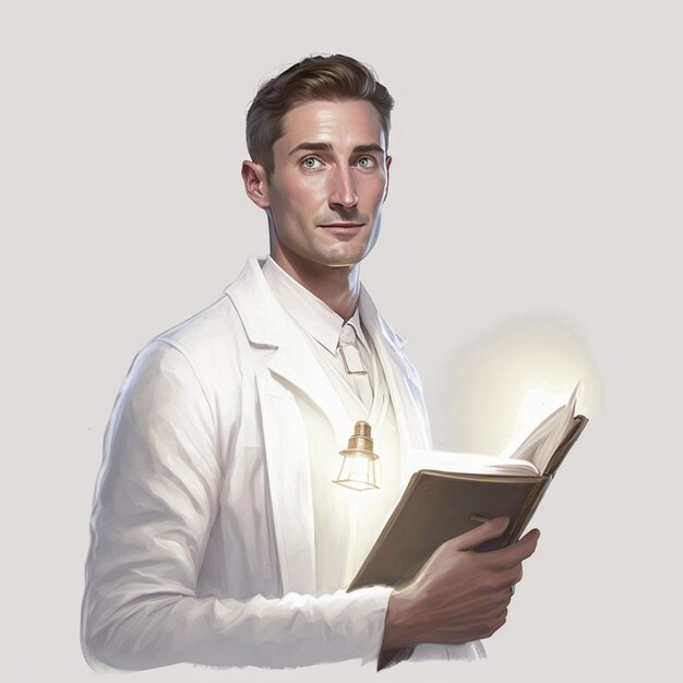 Photo there is a man in a lab coat holding a book generative ai