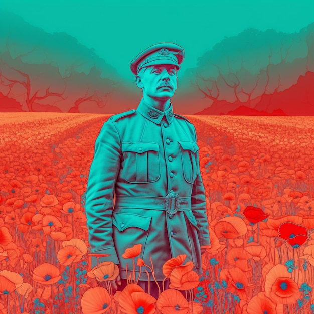 There is a man in a military uniform standing in a field of poppies generative ai