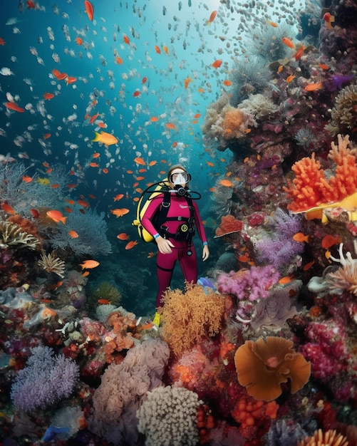 There is a man in a pink scuba suit standing on a coral reef generative ai