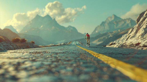 Foto c'è un uomo in bicicletta lungo una strada di montagna generativa ai