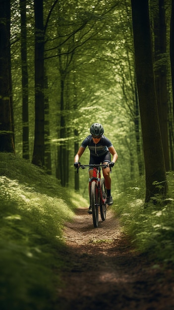 there is a man riding a bike down a trail in the woods generative ai