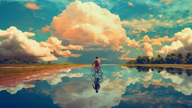 배경 생성 AI에 구름이 있는 호수에서 자전거를 타는 남자가 있다