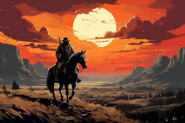 there is a man riding a horse in the desert at sunset generative ai