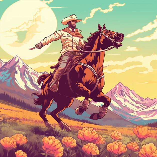 There is a man riding a horse in a field of flowers generative ai