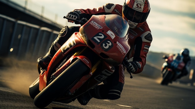 there is a man riding a motorcycle on a race track generative ai