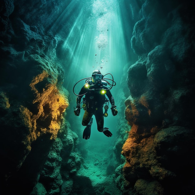 There is a man in a scuba suit diving through a cave generative ai