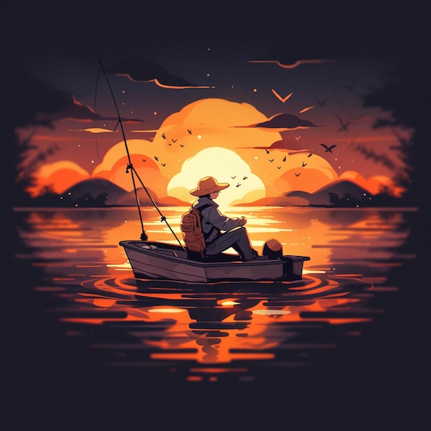 There is a man sitting in a boat on the water generative ai
