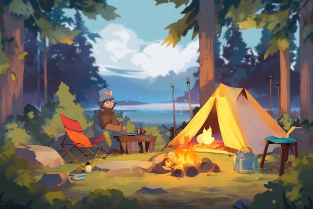 There is a man sitting at a campfire next to a tent generative ai