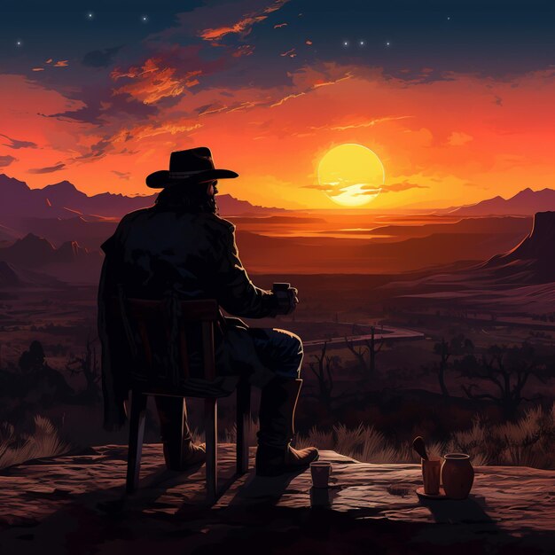사막에서 의자에 앉아 해가 지는 것을 지켜보고 있는 한 남자가 있다.