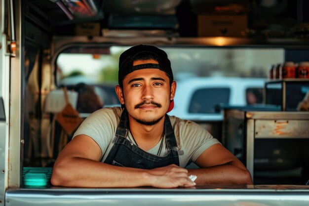 There is a man sitting at a counter in a food truck