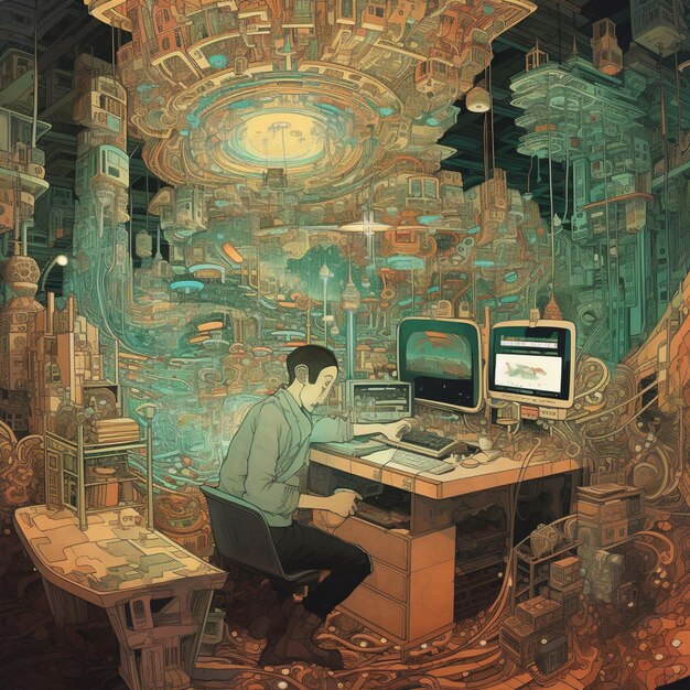 Photo there is a man sitting at a desk with a computer generative ai