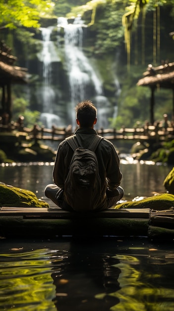 Foto c'è un uomo seduto su un tronco di fronte a una cascata generativa ai