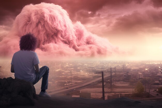 there is a man sitting on a rock looking at a cloud generative ai