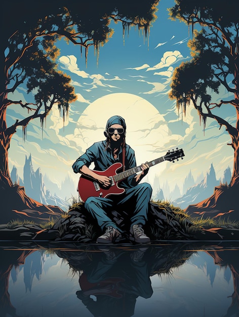 there is a man sitting on a rock playing a guitar generative ai