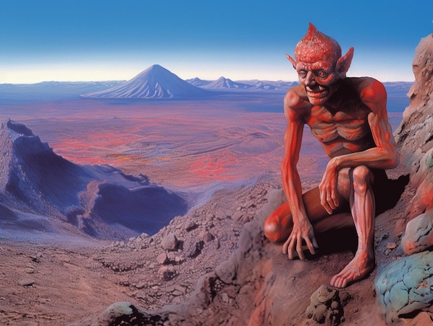 there is a man sitting on a rock with a red body generative ai
