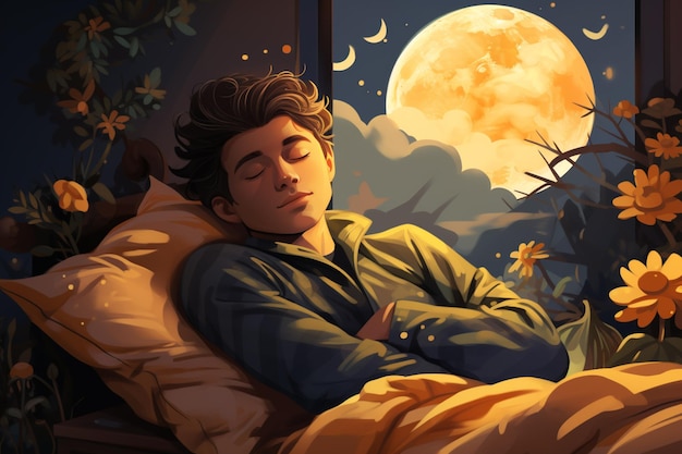 Мужчина спит в постели на фоне полной луны.