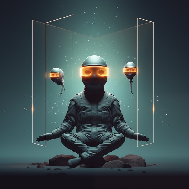 there is a man in a space suit sitting in a meditation position generative ai