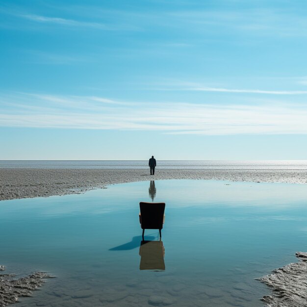 Photo there is a man standing on a beach with a chair in the water generative ai