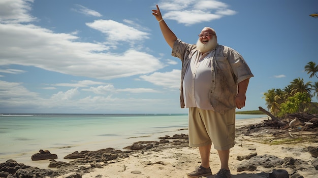 there is a man standing on a beach with his arms in the air Generative AI