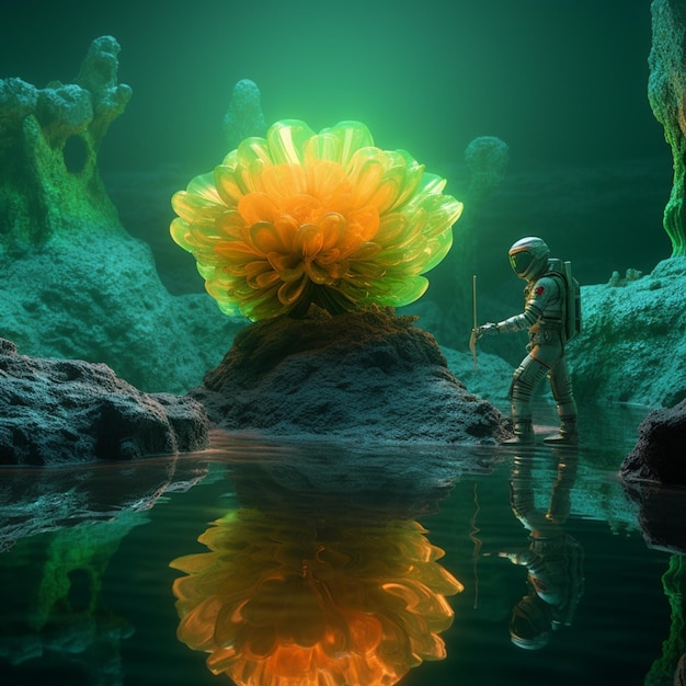 There is a man standing in a body of water with a giant flower generative ai