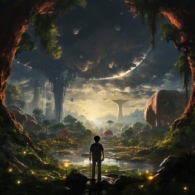 there is a man standing in a cave looking at the moon generative ai