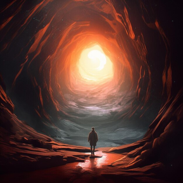 There is a man standing in a cave looking at the sun generative ai