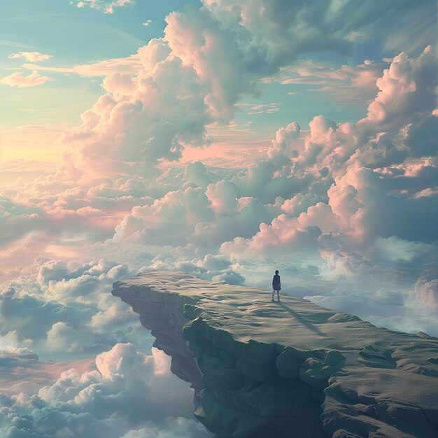 There is a man standing on a cliff above the clouds generative ai