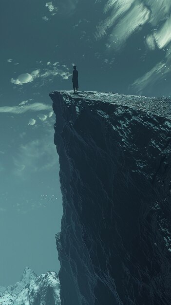 바다를 바라보는 절벽 위에 서 있는 한 남자가 있다.