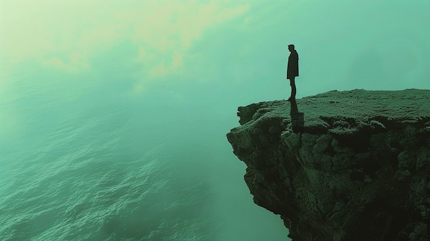 Есть человек, стоящий на скале и смотрящий на океан.