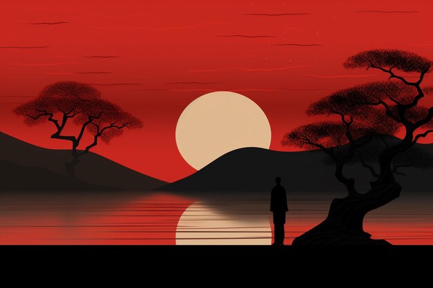 There is a man standing on a cliff looking at the sunset generative ai