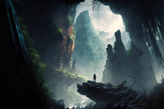 There is a man standing on cliff overlooking cave generative ai