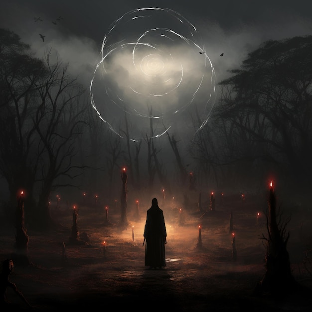 there is a man standing in a dark forest with candles generative ai