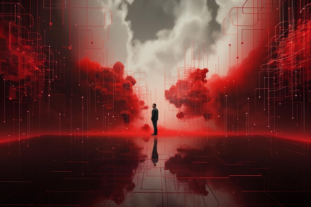 there is a man standing in a dark room with red lights generative ai