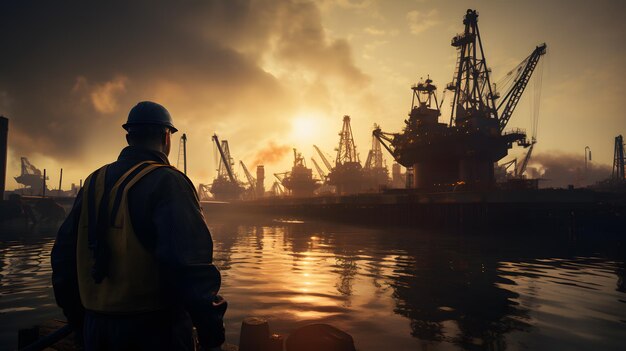 there is a man standing on a dock looking at a ship Generative AI