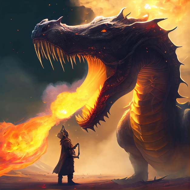 There is a man standing next to a dragon with a fire in its mouth generative ai