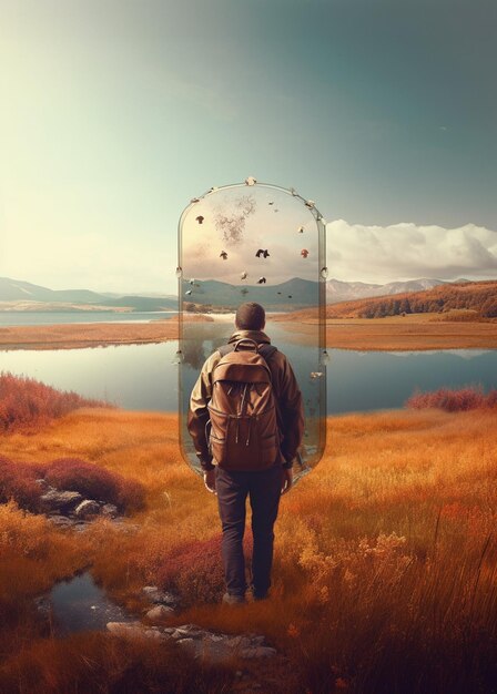 there is a man standing in a field looking at a mirror generative ai