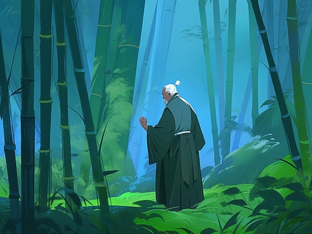 there is a man standing in a forest with a staff generative ai