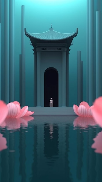 There is a man standing in front of a building with a lotus flower in the water generative ai