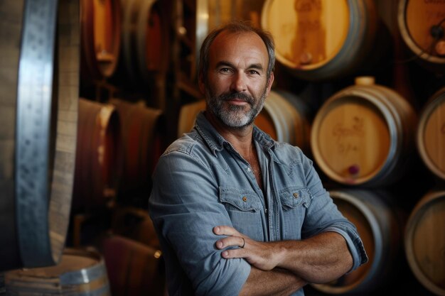 Photo there is a man standing in front of a bunch of barrels