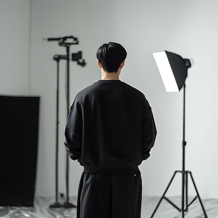 Photo 有一個男人站在攝影機和照明設備前面