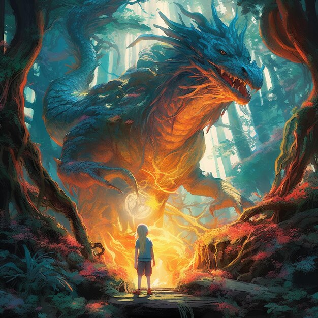 There is a man standing in front of a dragon in a forest generative ai