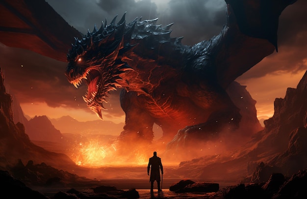 there is a man standing in front of a giant dragon generative ai