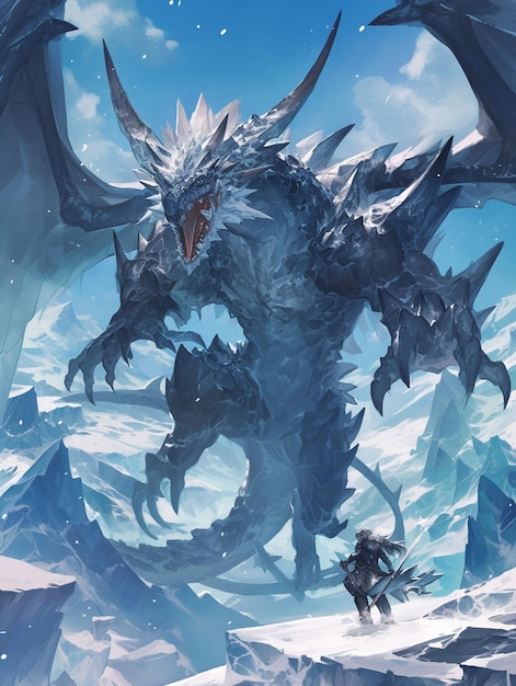 there is a man standing in front of a giant ice dragon generative ai