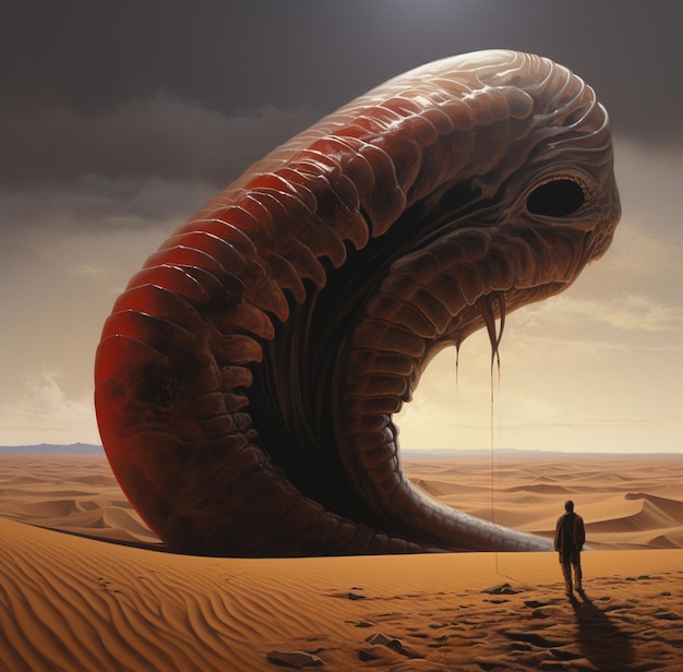 there is a man standing in front of a giant worm generative ai