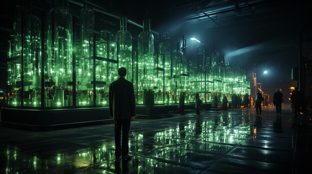 there is a man standing in front of a glass building generative ai