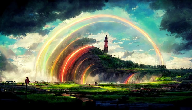 there is a man standing in front of a rainbow colored waterfall generative ai