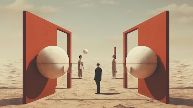 There is a man standing in front of a red door with two eggs generative ai