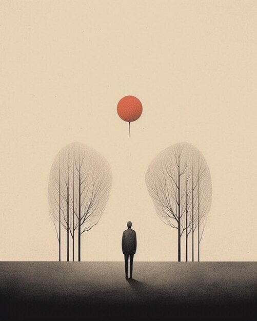 There is a man standing in front of a row of trees with a red balloon generative ai