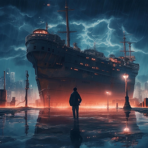 There is a man standing in front of a ship in the rain generative ai