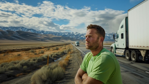 Photo there is a man standing in front of a truck on the road generative ai